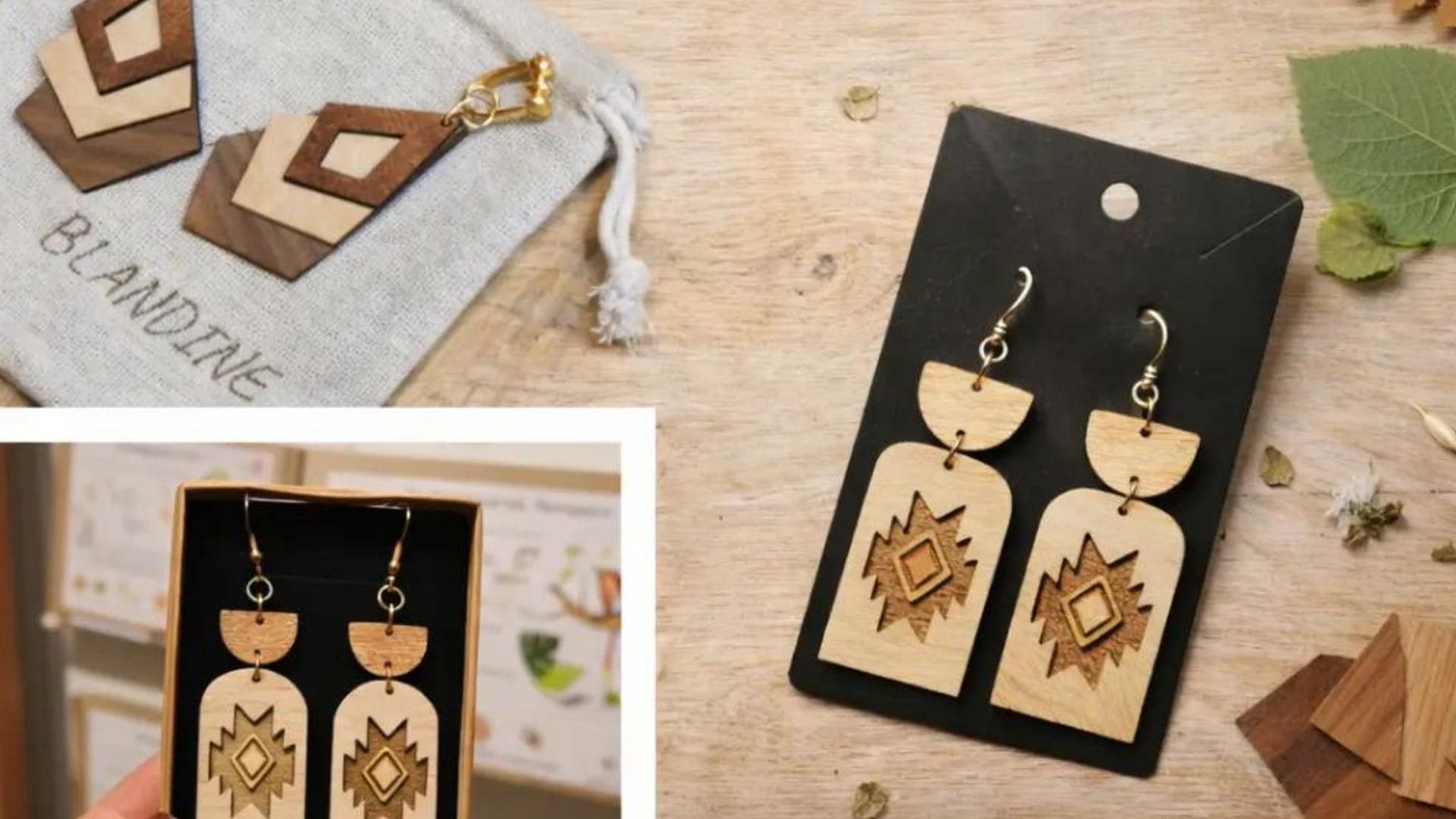 Boucle d'oreille en bois et placage